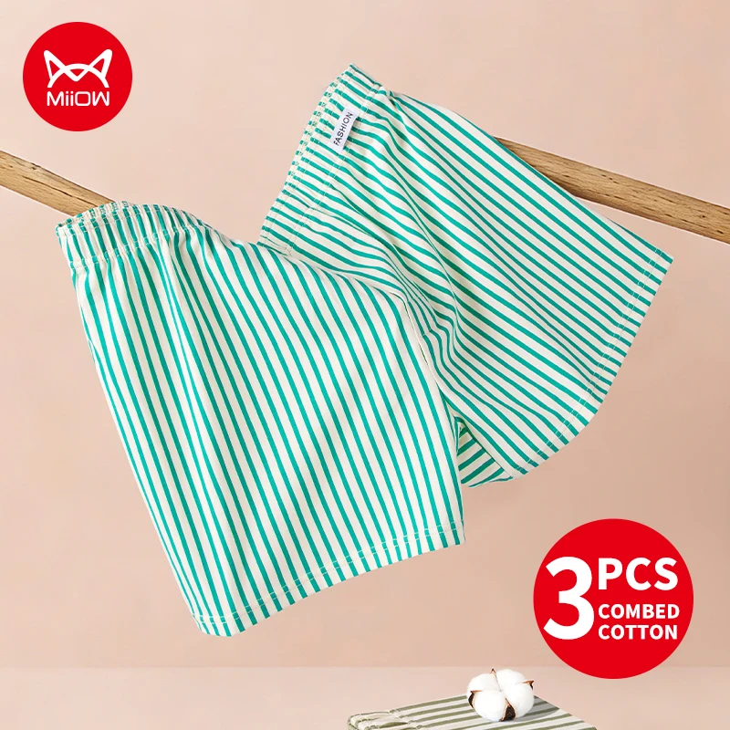 MiiOW 3Pcs Combed Cotton Men's Boxershorts Loose Comfortable Mens Panties Funny Green Striped Man Underwear Boxers Underpants