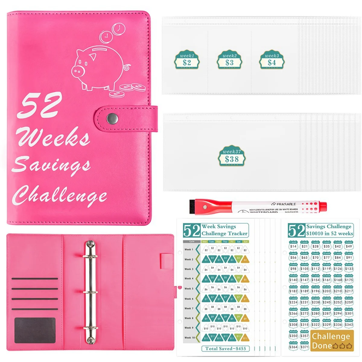 JUF-52 Week Money Saving Challenge Binder with Savings Challenges Book Cash Envelopes for Budget Planner Financial Rose