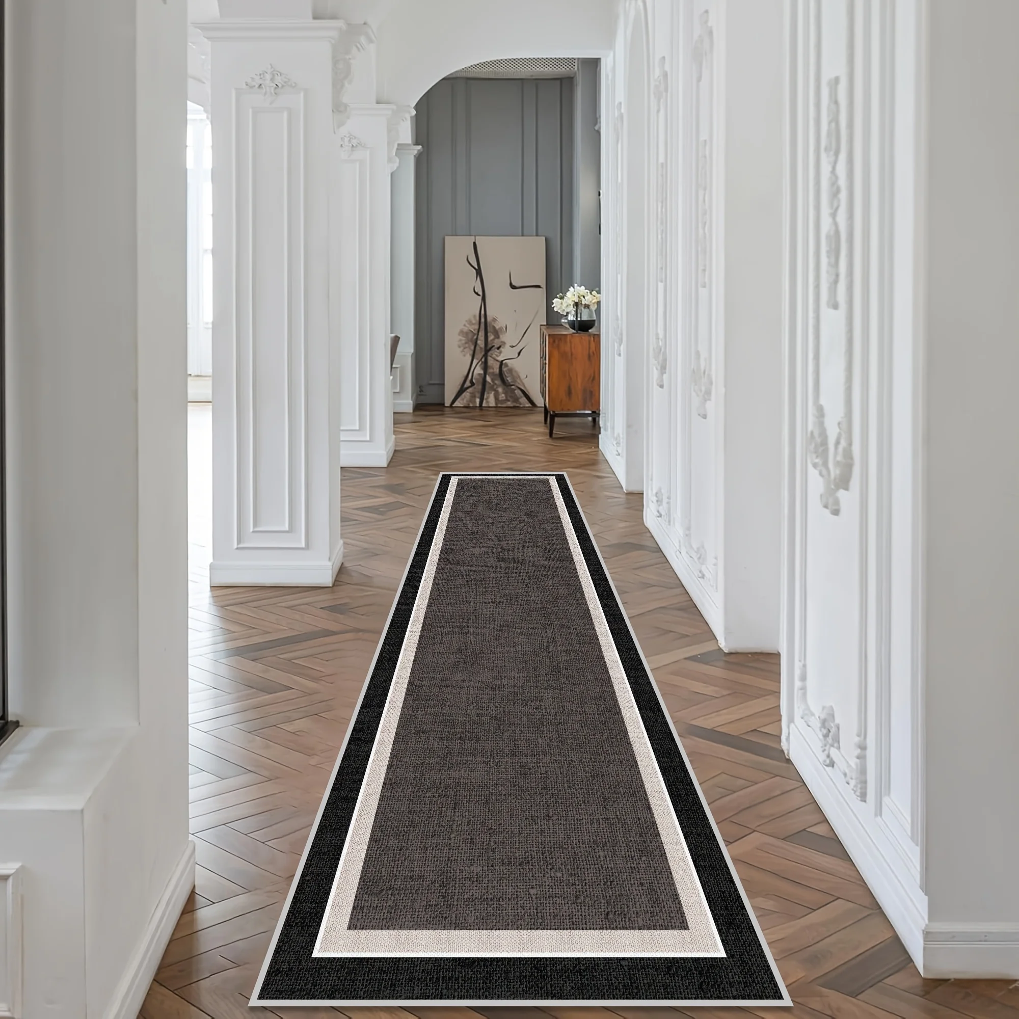 Black Background Gold Ginkgo Leaf Runner Rug Elegant Botanical Print Indoor Mat For Hallway Bedroom Doorway Decoration