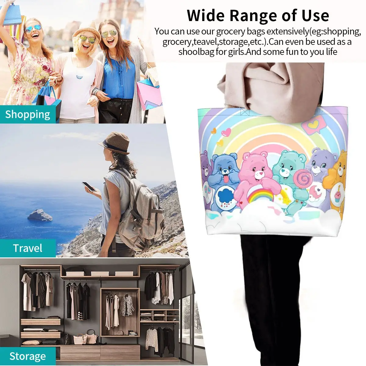 Care Bears Rainbow Bears Group Line Up Cartoon Shopping Tote Bag حقائب كتف من القماش للمتسوقين حقيبة يد للنساء