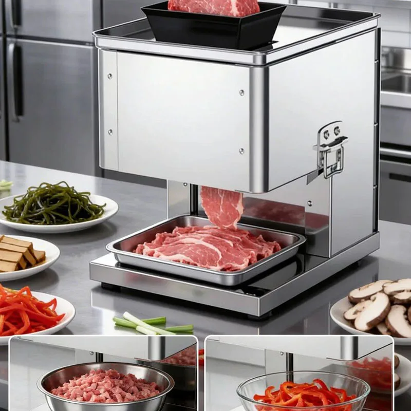 Compact Table Top Meat Slicer Stainless Steel Anti-Rust Body Wide Feeding Tray Overload Protection Portable Meat Processing