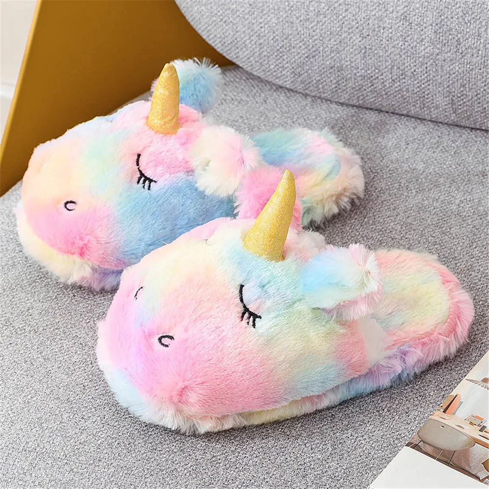 Women\'s Kawaii Rainbow Unicorn Slippers Winter Lovely Cute Slip On Plush Comfortable Home Shoes Cotton Slippers