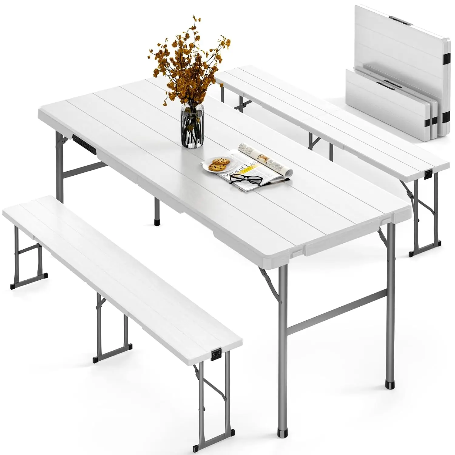 6FT Folding Picnic Table with 2 Benches, 3-Piece Plastic Camping Table & Bench Set, Portable Outdoor Furniture for Party, BBQ