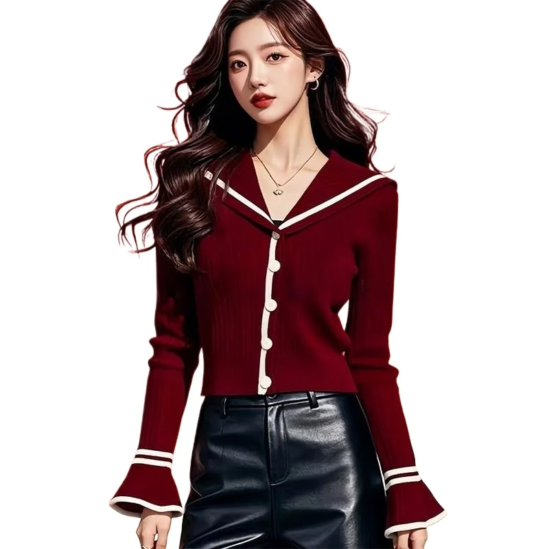 Spring Autumn Jackets Red Knit Sweater Women Slim Pullover Flare Sleeve Short Tops Y2k Streetwear Design Lapel Outerwear Chic