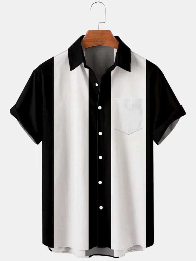 New Basic 50s Style Bowling Shirt for Men Striped Casual Breathable Short Sleeve Shirts Summer Streetwear