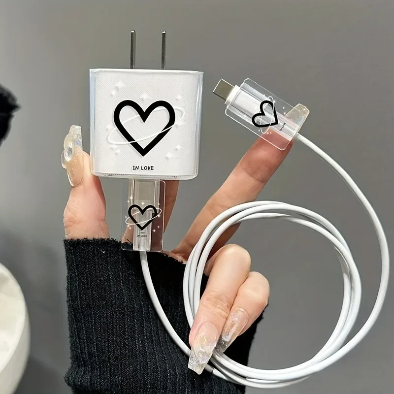 Simple Black Heart Transparent Data 18W 20W Cable Protector for iPhone 14 Pro Max 13 12 11 Silicone Charger Protective Case