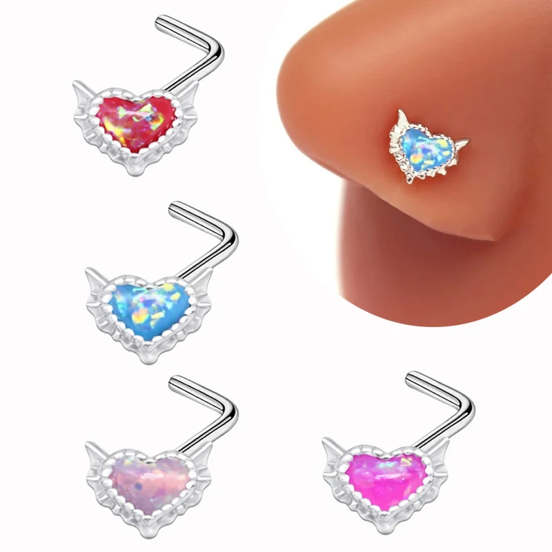 Surgical Steel Nose Rings for Women Stainless Steel Nose Piercing L Bend Pin Jewelry Glitter Heart Pink Blude Body Jewelry