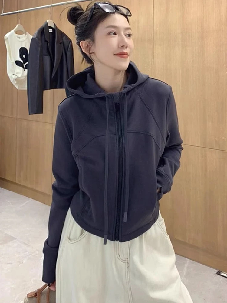 Długi kardigan z kapturem w jednolitym kolorze, wyszczuplający, zapinany na zamek, w stylu koreańskim, casualowy, wygodny, miękki top.