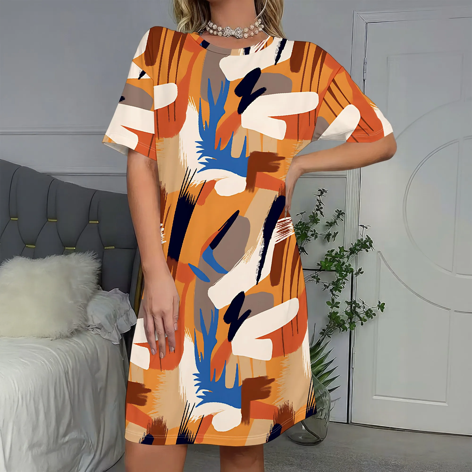 

Abstract Art Print, Short Sleeve Dress, Brushstroke Pattern, Boho Style, Casual Summer Wear, Women's Fashion, S-2XL