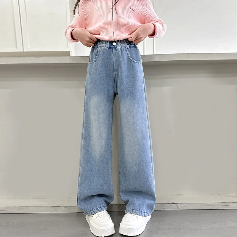 

Junior Girls Straight Leg Pant Autumn Embroidery Pocket School Girls Denim Pant Elastic Waist Casual Full Length Trousers