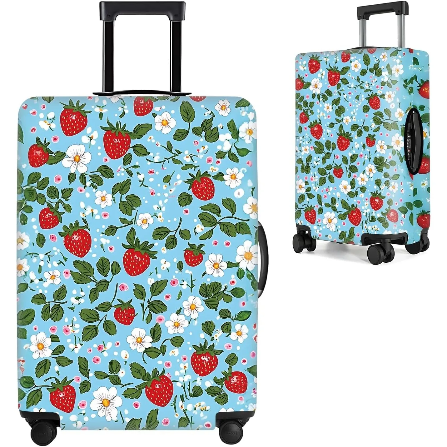 Strawberry Floral Luggage Cover – Waterproof & Stretchable Suitcase Protector with Red Strawberry and Flower Pattern