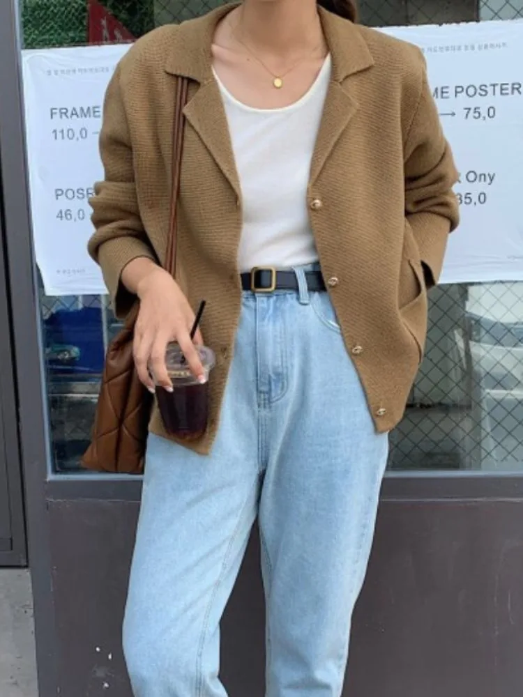

Women's Knitted Sweater Coat Long Sve Suit Collar Autumn Winter Faion Outerwear Vintage Sle Imported Long Top