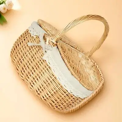 

Durable Hand-Woven Portable Storage Basket with Lid Wicker Basket for Picnic Fruit Vegetable Outdoor Baskets Storage Baskets