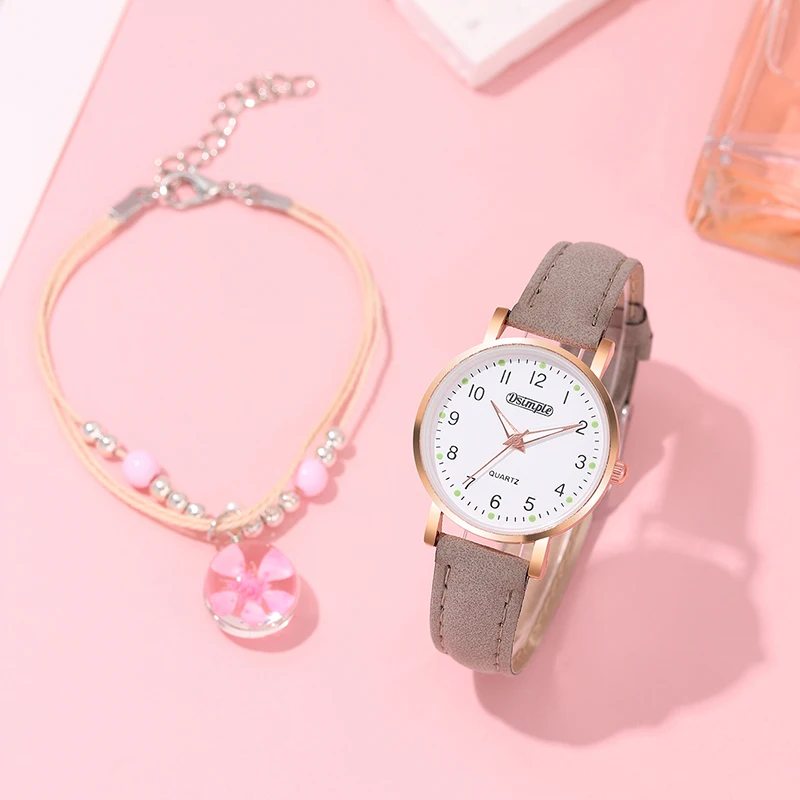 2PCS Women Watches Bracelet Set Girls Gift Fashion Leather Quartz Watch Student Trendy with Bracelet for Womens Reloj Mujer