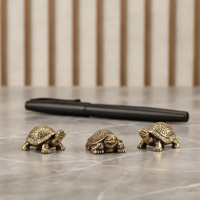 Solid Brass Mini Turtle Figurine Vintage Tea Pet Decor For Desk, Tea Table & Micro-Landscape Accent Desk Fengshui Ornament