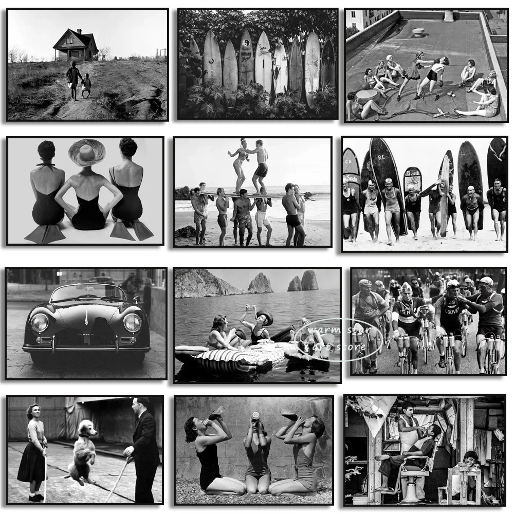 AliExpress NONE Vintage Black and White Cycling Surf Beach Golf Haircut Women Eating Pasta Photography Poster Print Canvas Painting  Home Wall D