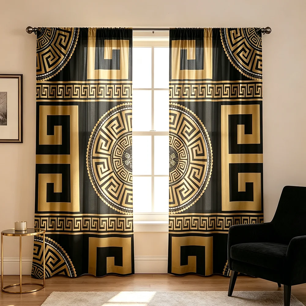 2PCS Greek Key Black Gold Medallion Print Curtains, Bedroom Living Room Window Drapes, Rod Pocket Polyester, Home Decor