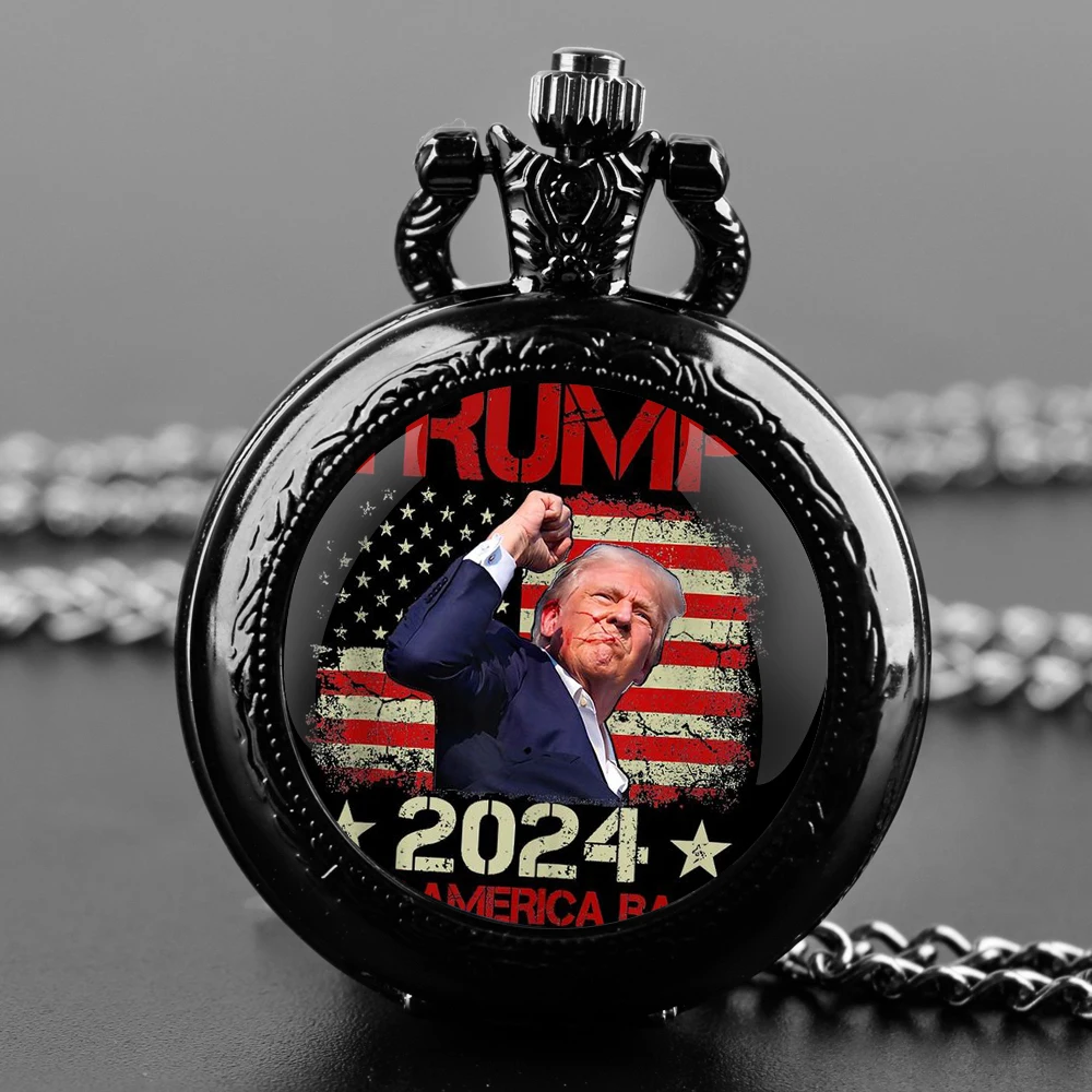 Trump Victory 2024 Design Glass Dome Quartz Pocket Watch with Durable Chain Arabic Numeral Dial for Men and Women Creative Gifts