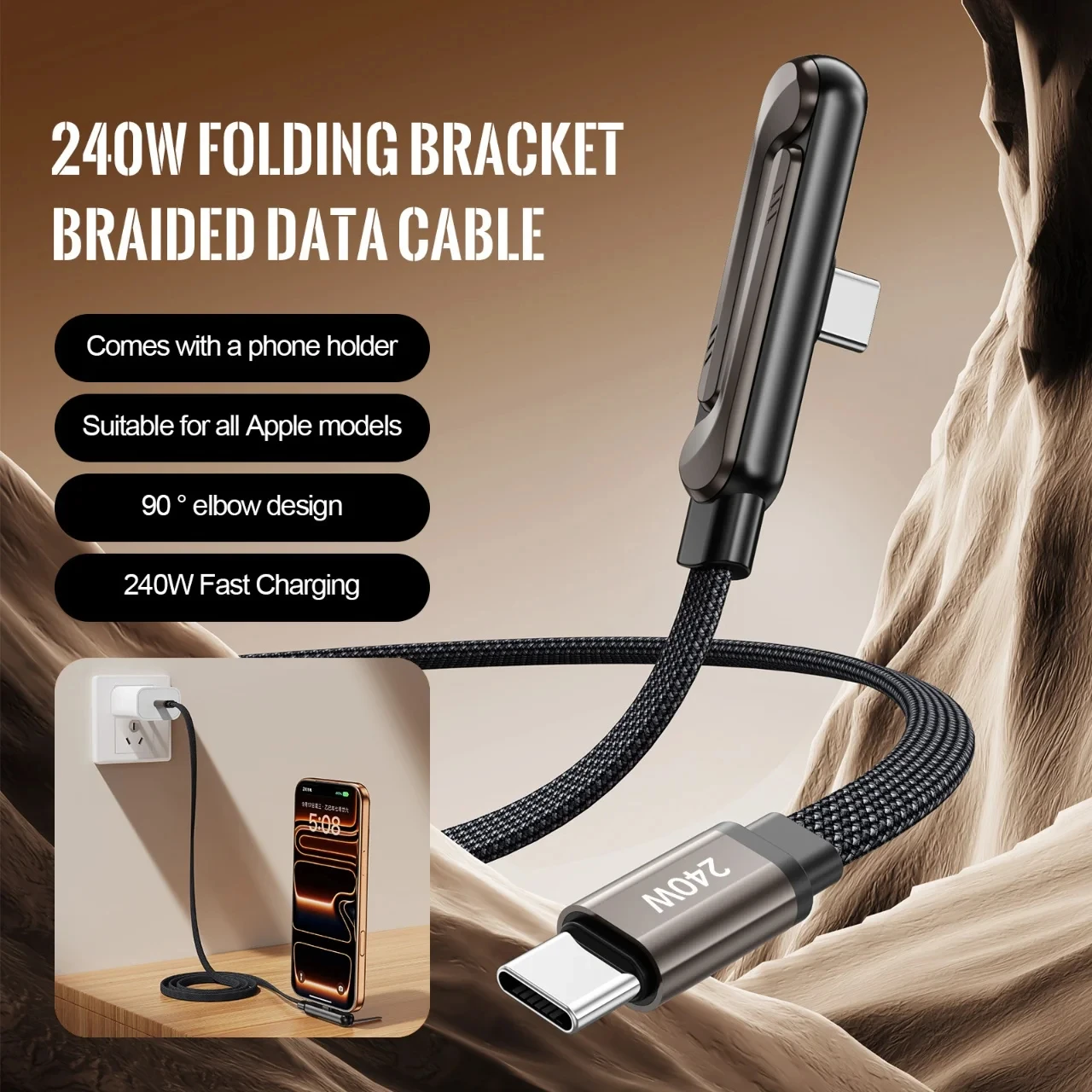 240W PD Fast Charging Type C to Type C Cable USB C to Type C Cable with Foldable Stand Phone Holder For iPhone 15 Xiaomi HUAWEI