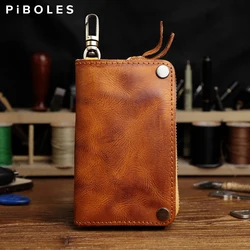 Cartera Vintage de cuero genuino hecha a mano con ranura para tarjeta, soporte para llaves, monedero, organizador, bolso de mano, embrague con cremallera