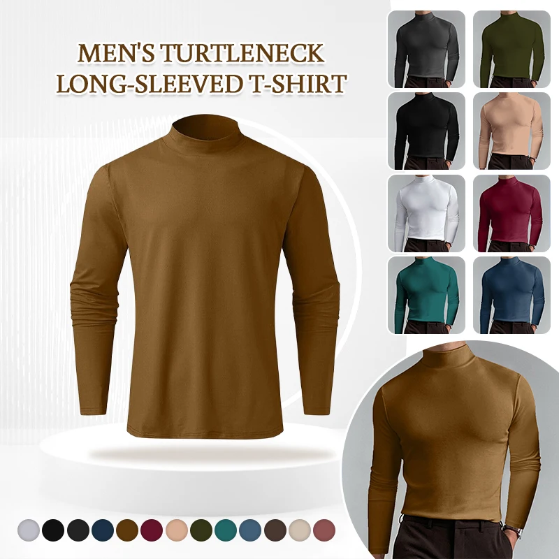 New Elastic Mens T-Shirt Long Sleeve Tops Half High turtle Collar Men T Shirt Polyester Cotton Jumper Tees casual Slim Thin Tees