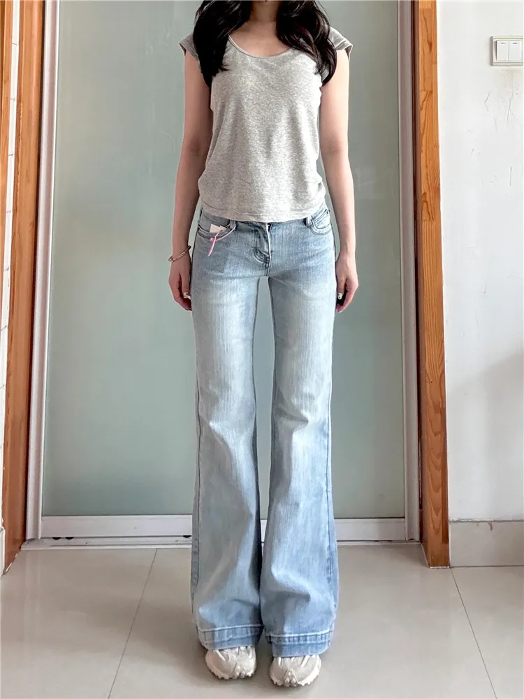 

Low Waist Bell Bottom Jeans Women's Summer Slimming Extended Length Floor Sweeping High Waist Denim Pants Casual Washed Effect