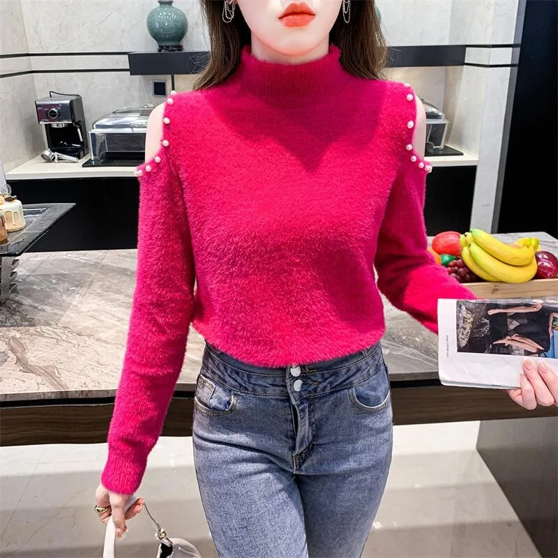 

Semi-High Collar Long Sve Women's Sweater Fur oulder Bared Autumn Winter Faionable Warm Knitted Top