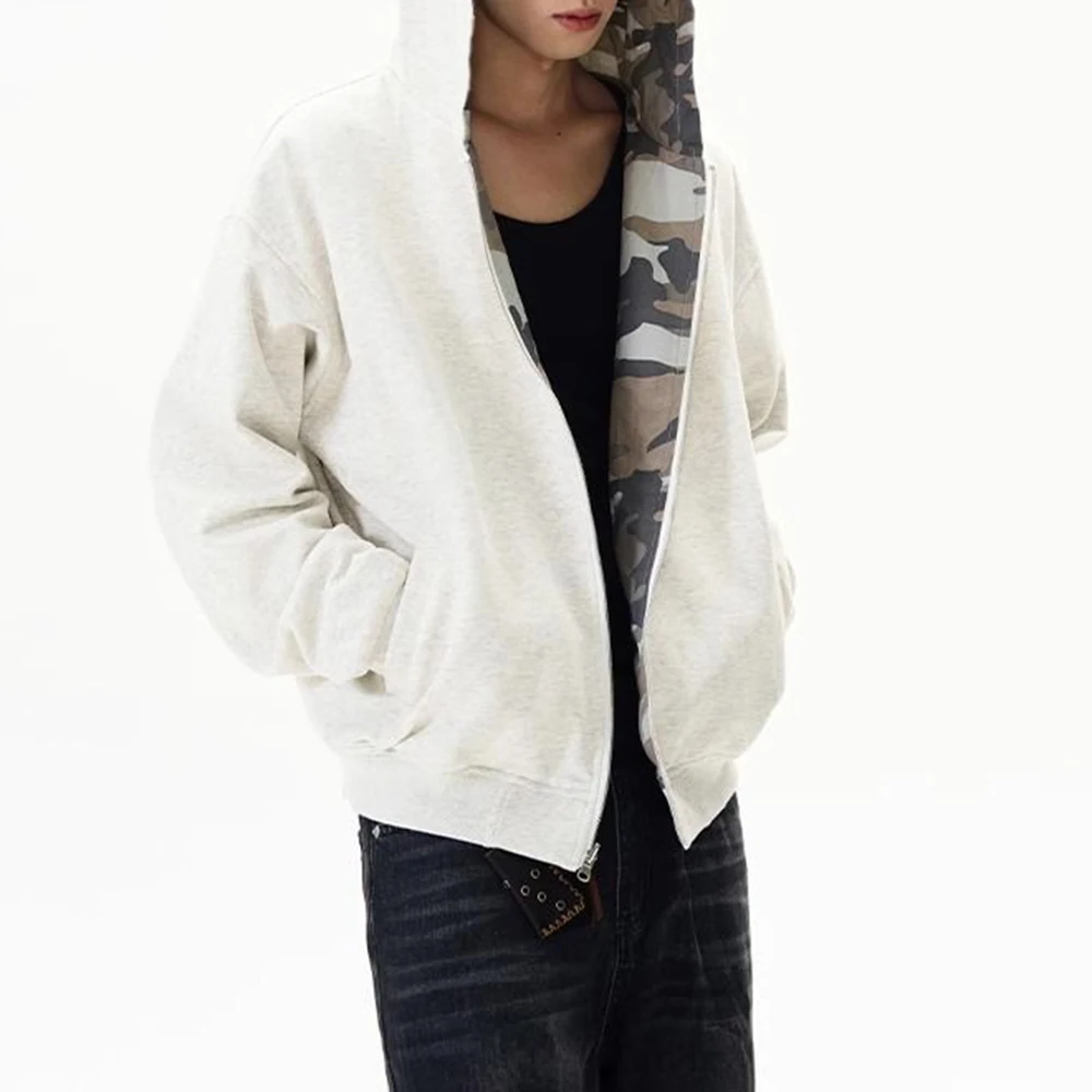 Autumn And Winter American Street Retro Fashion Double-Sided Camouflage Hooded Sweatshirt Unisex Short Cardigan Jacket Tops Men