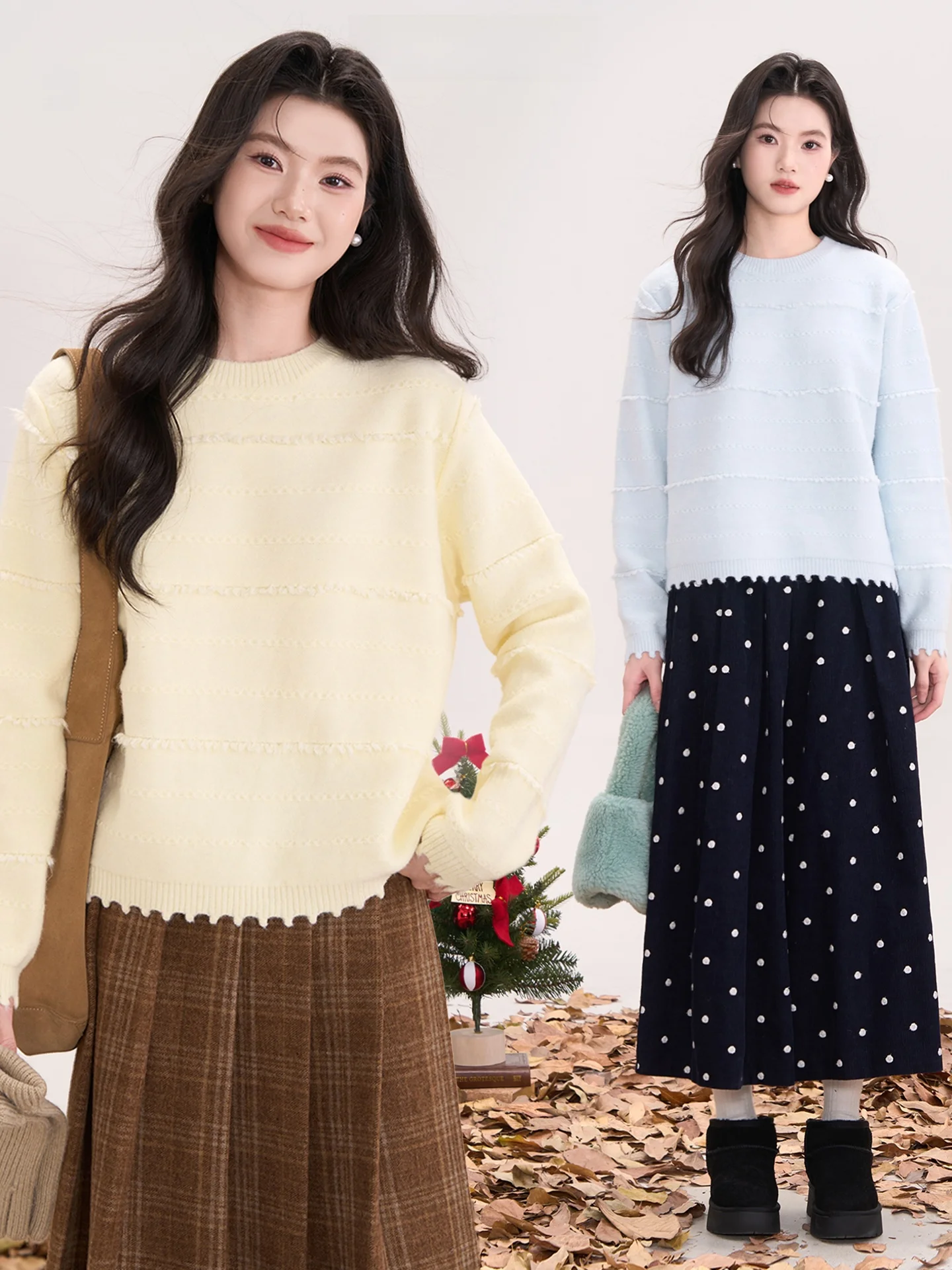 

Heme Knitted Sweater Women's round Neck Base Shirt Soft Tassel Detail Gentle Style Long Sleeve Warm Fleece Autumn Winter Top