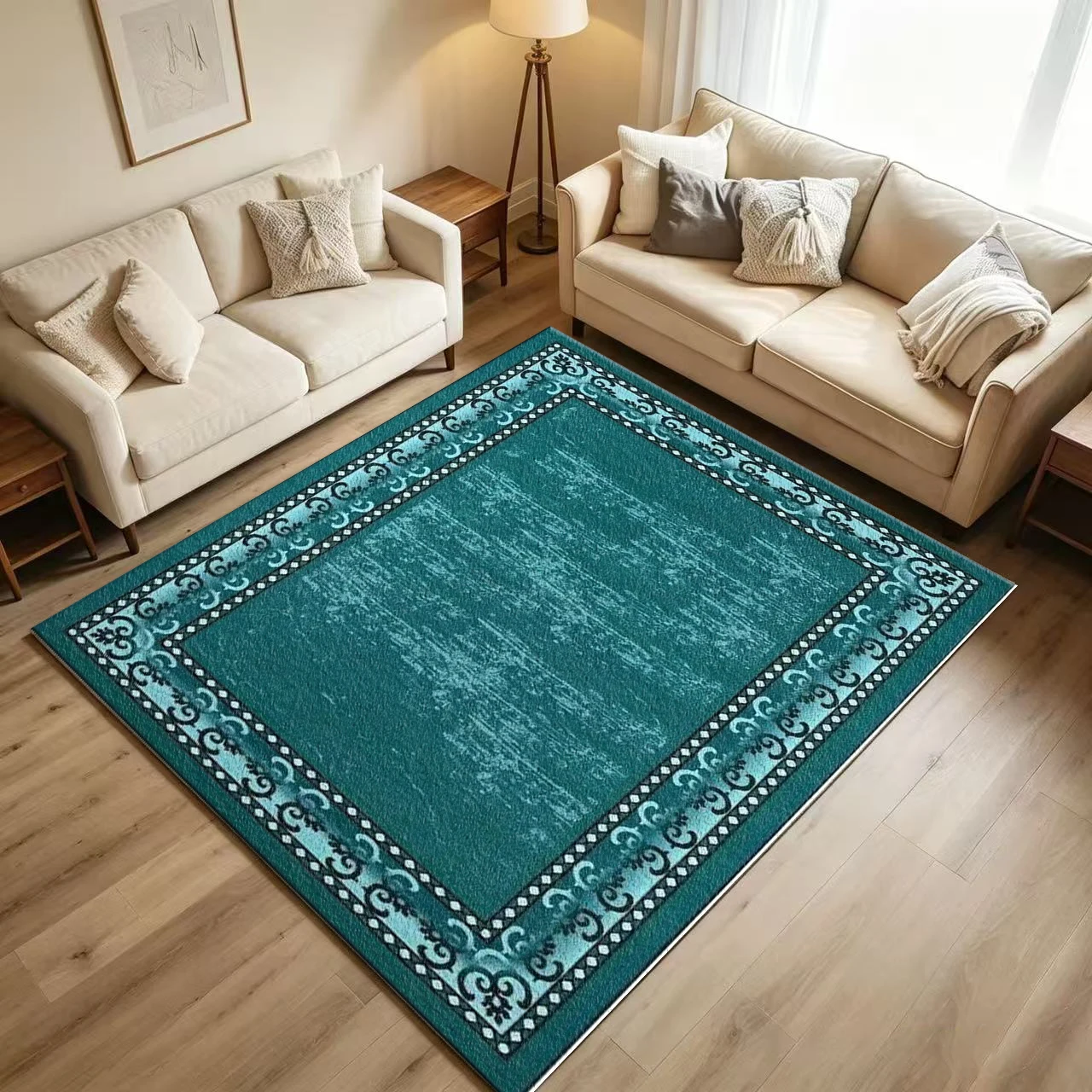 Vintage Distressed Teal Area Rug Retro Ornate Scroll Border Floor Carpet for Living Room Bedroom Office Home Decor