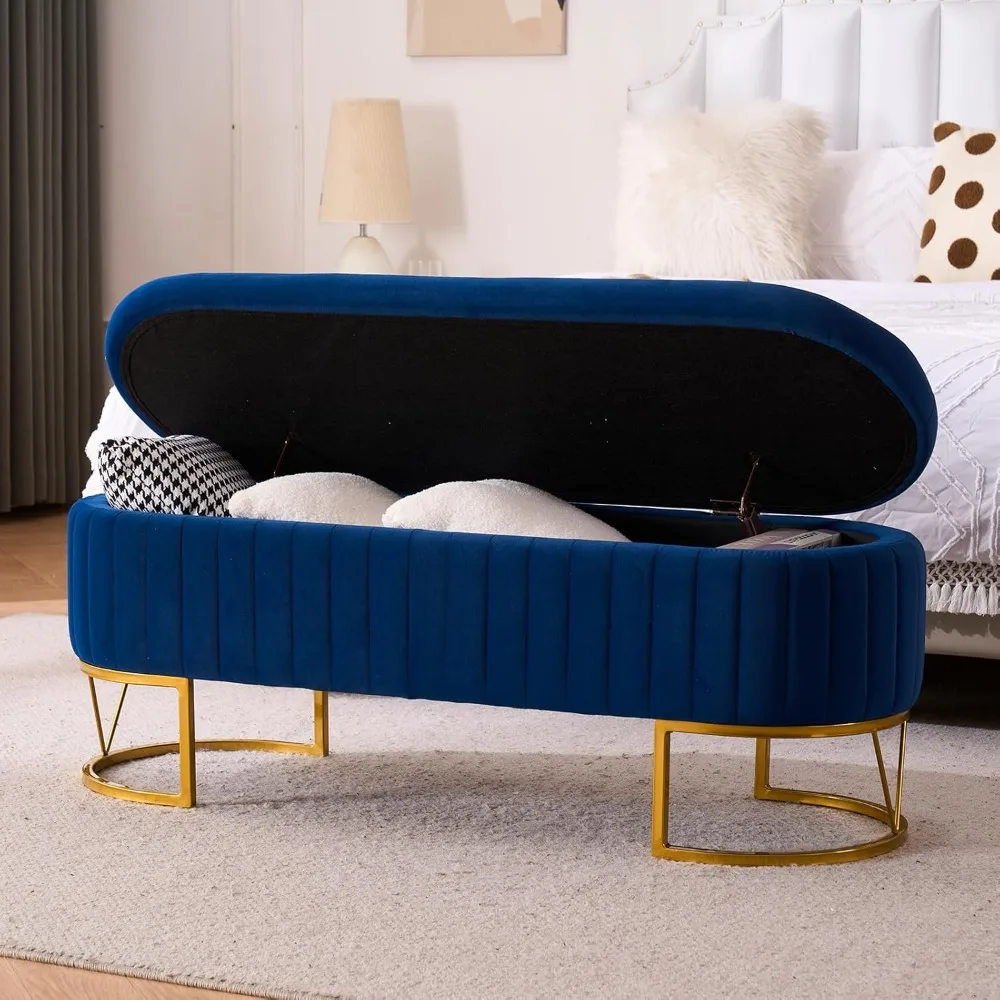 

Modern Storage Ottoman Bench, 46" Upholstered End of Bed Seating with Gold Metal Legs, Suitable for Bedroom, Entryway, and Livin