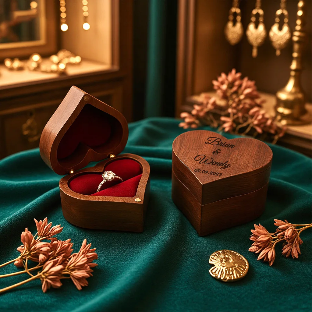 Engraved Walnut Heart Ring Box Premium Wooden Jewelry Box Wedding Proposal Ring Holder Engagement Jewelry Storage Case