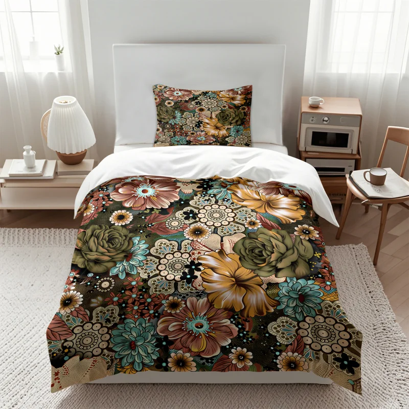 Vintage Boho Floral Print Duvet Cover Set Colorful Mandala Rose Bedding Soft Comforter Cover Pillowcases for Bedroom Bed Sizes