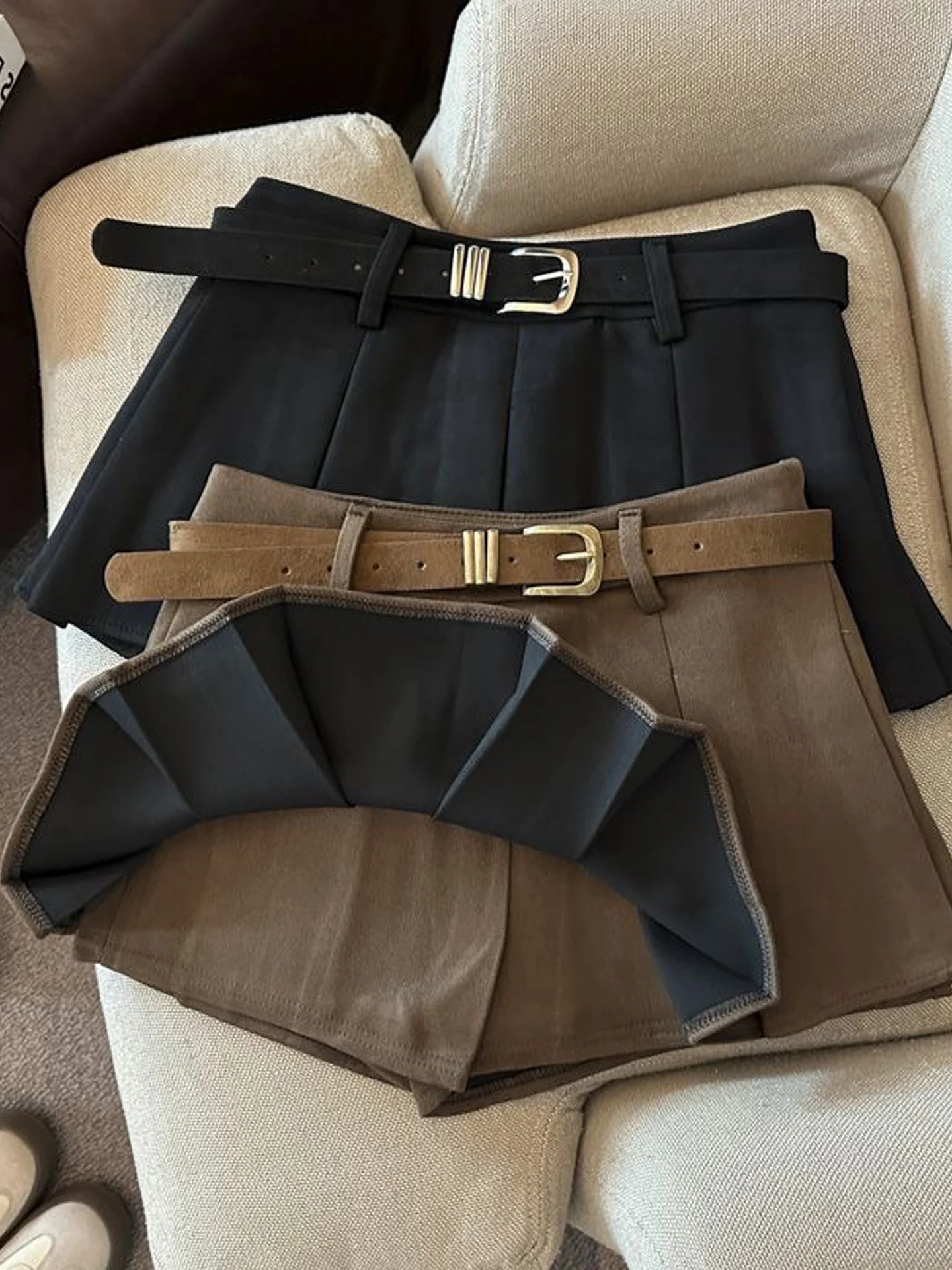 American Style Suede  Skirt Women's High Waist A-Line Pleated Skirt Slimming Versatile Short Skirt for Autumn