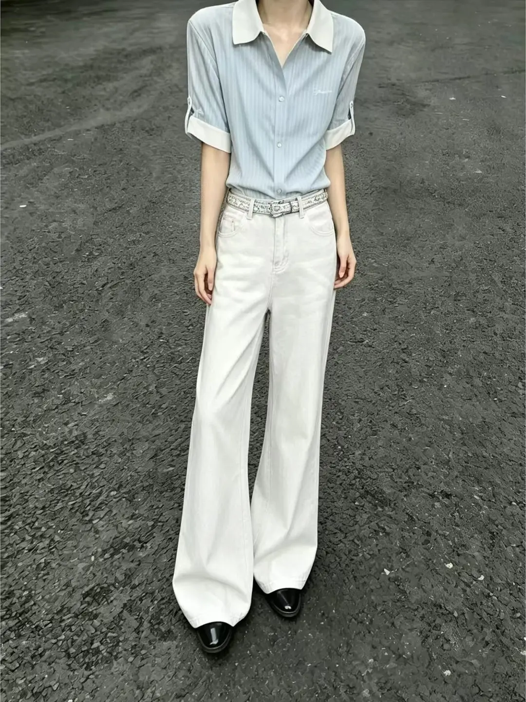 White Washed Slim Wide Leg Men's Jeans Summer American Vintage Pants Drapey Straight Loose Micro Flared Long Trousers
