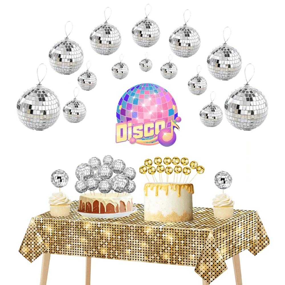 Disco Birthday Party Mirror Ball Cake Topper Decoration Tablecloth Hanging Ornament for Adult 70s 80s 90s Party Wedding Supplies