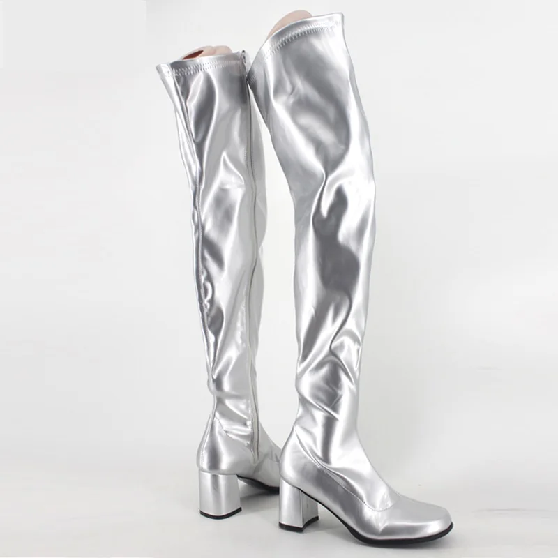 CACA 9cm Square Heel Thigh High Boots,Women Over The Knee Long Botas,Retro GO GO Pole Dance Shoes,Men Cosplay Style,Silver,White