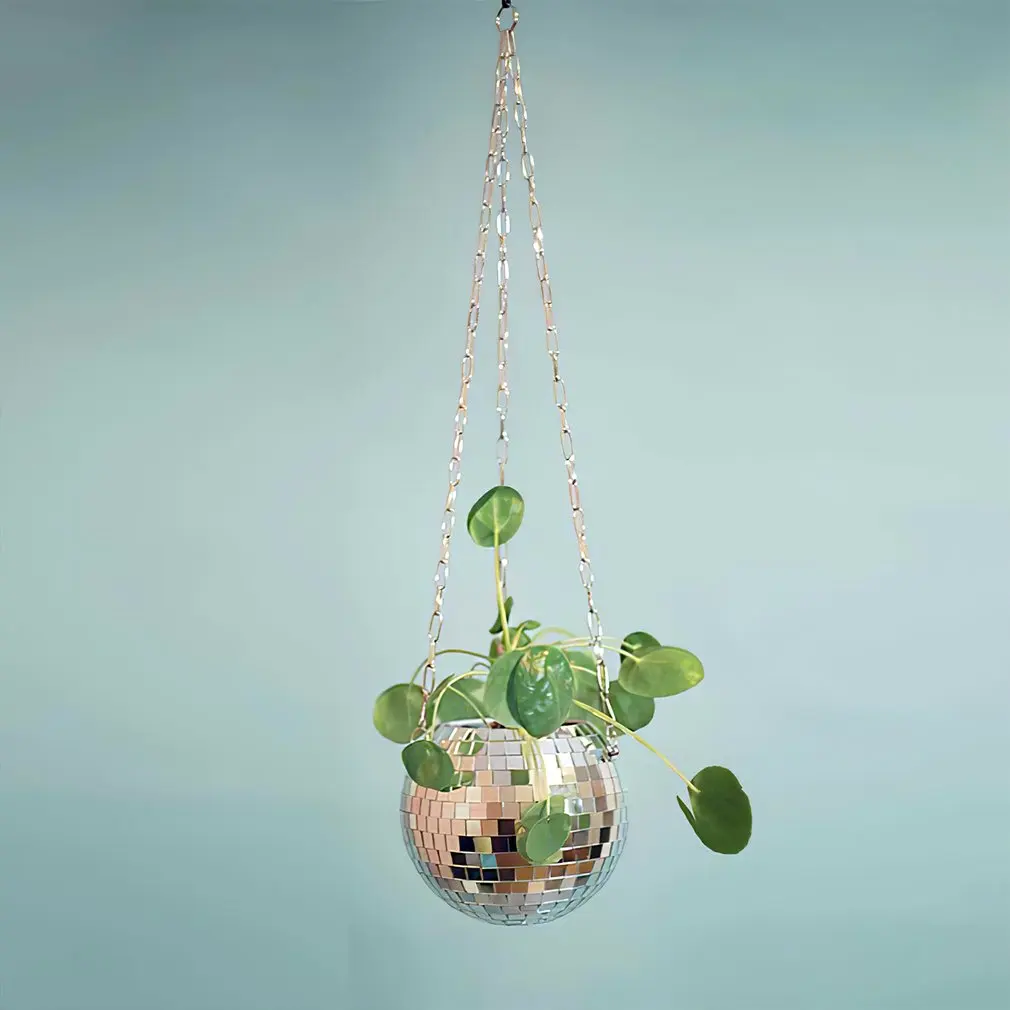 10Cm Disco Ball Hanging Flower Pot Indoor Plants Bohemian Style Flower Planter Decor Vase Pots Rope Mirror Hanging Basket Garden