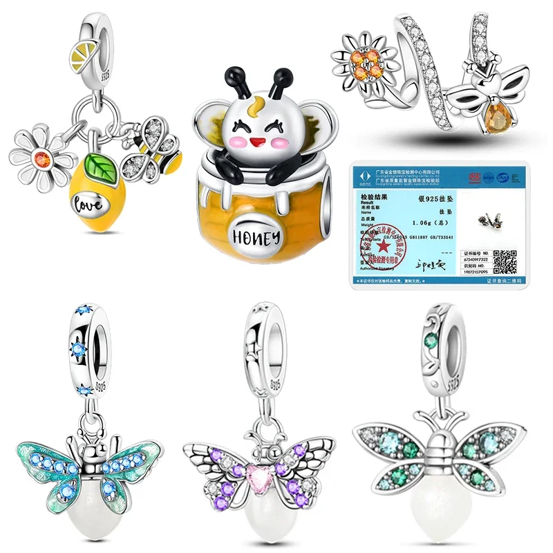 Original Charms Bead 925 Sterling Silver Luminous Bee Firefly Pendants Honey Pot Beads  Fit Bracelet DIY Jewelry Marking