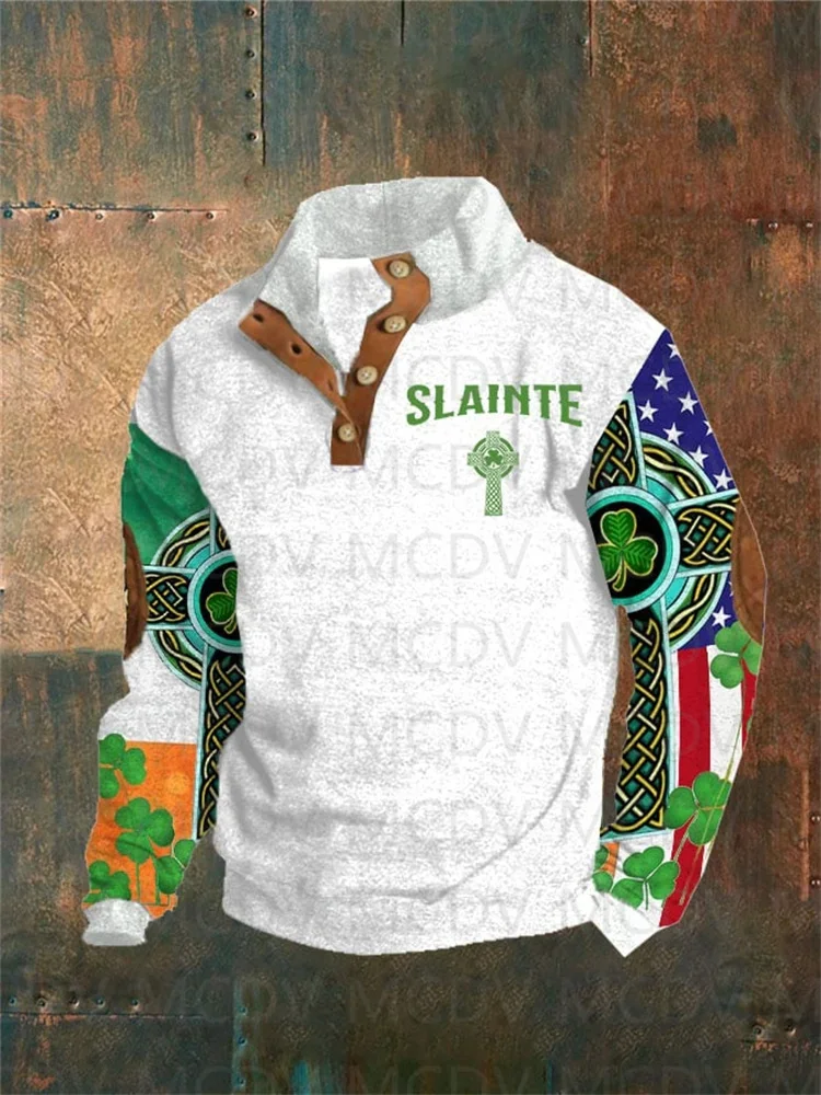 Men\'s Irish Cross St.Patrick Day Flah Print Button Casual Sweatshirt Men\'s Polo Pullover Men Sweater
