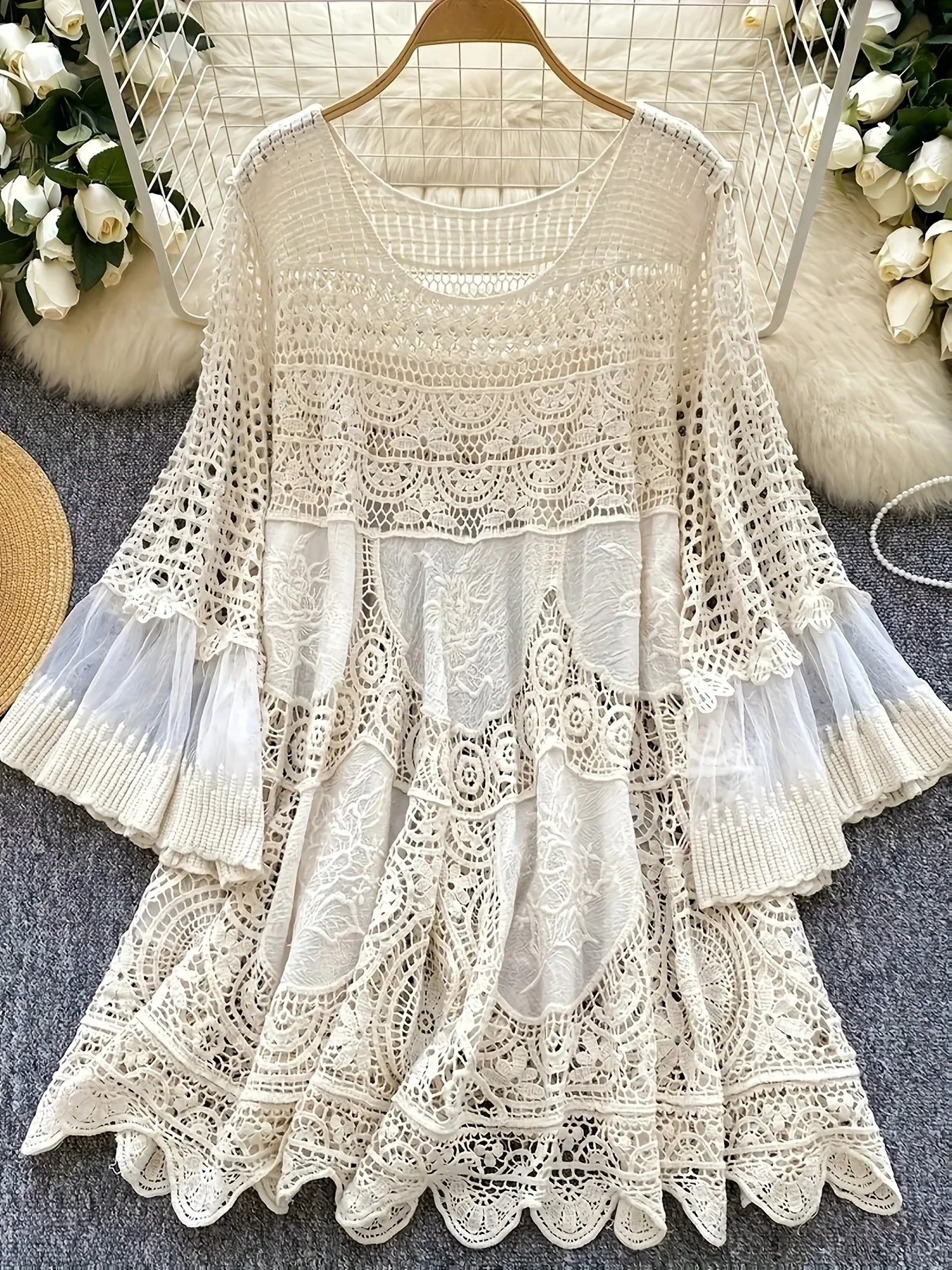 

Женская пляжная рубашка в богемном стиле с вышивкой, пуловер с круглым вырезом, свободная повседневная рубашка для защиты от солнца для отпуска