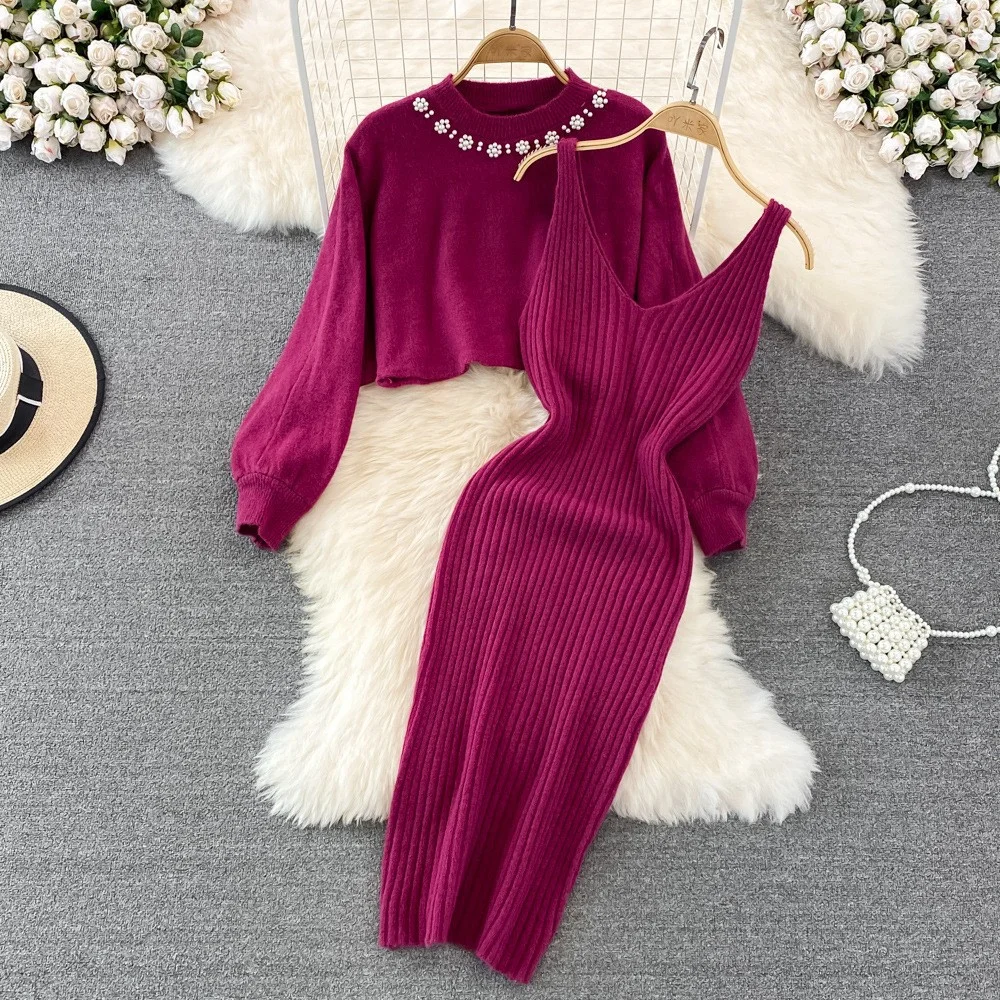 

2024 New Arrival Socialite Look Sweater Elegant Tweed Style High-waisted Knitted Sweater Dress 2 PCS Set For Women Autumn/winter