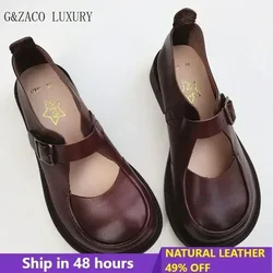 Autumn British Wide Toe Genuine Leather Women's Shoes Mary Janes Breathable Non-slip Cowhide Handmade Loafers Shoes