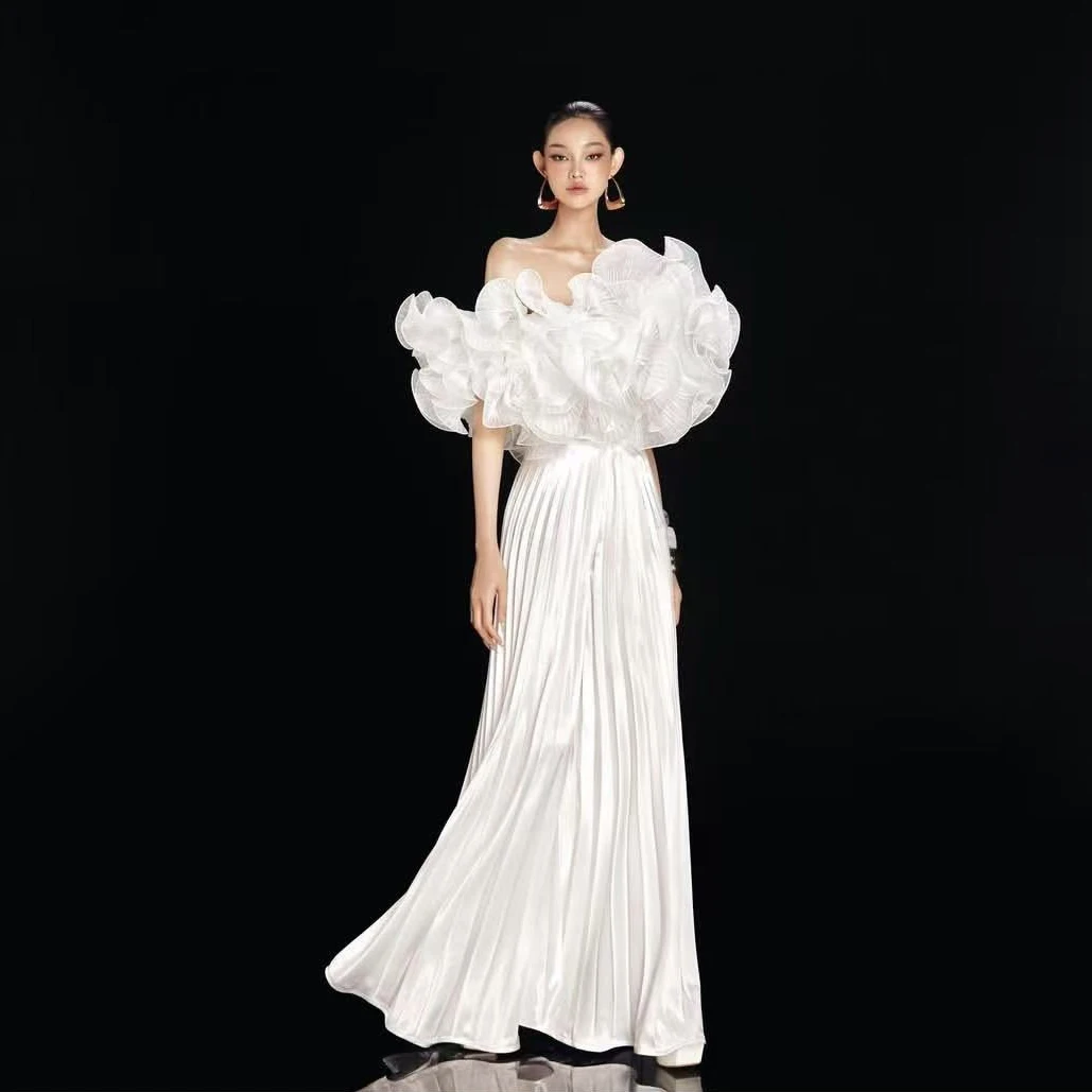 New Couture 2 Pieces Women Sets Blouse And Loose Pant Women Formal Party Dress Pleated Female Set Layered Evening Dresses