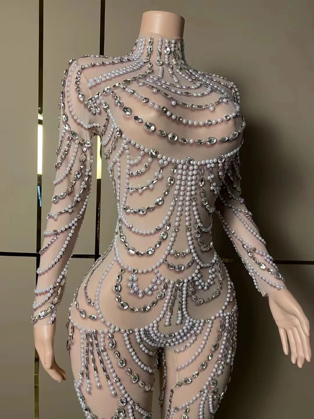 Customized New Long Sleeve Rhinestone Pearl High Elastic Sequins Sexy Tight jumpsuit Birthday Party Long Dress Performance Dress