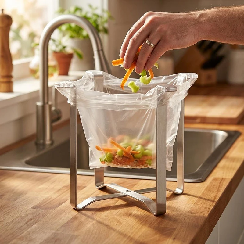 Stainless Steel Foldable Trash Bag Holder Support Frame Kitchen Countertop Garbage Bag Stand & Organizer