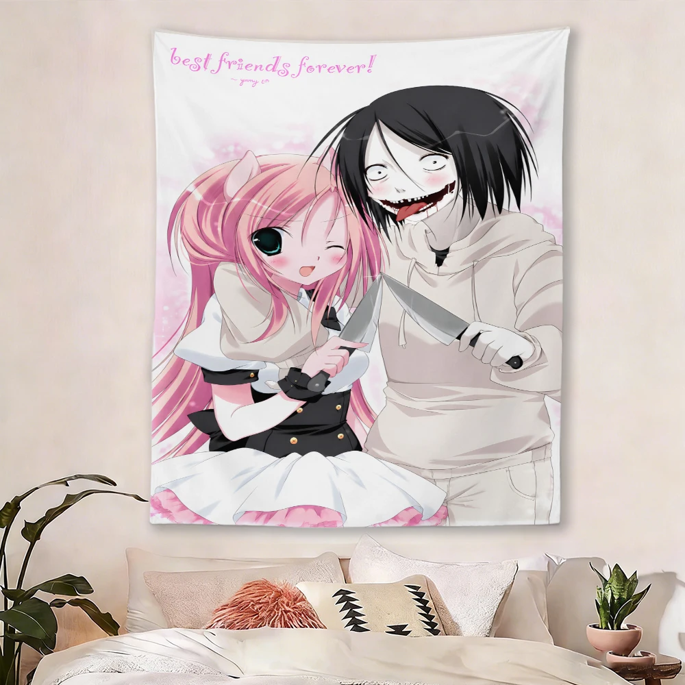 Creepypasta Best Friends Forever Tapestry, Creepy Cute Anime Girl & Horror Character Wall Hanging for Pastel Goth Bedroom Otaku