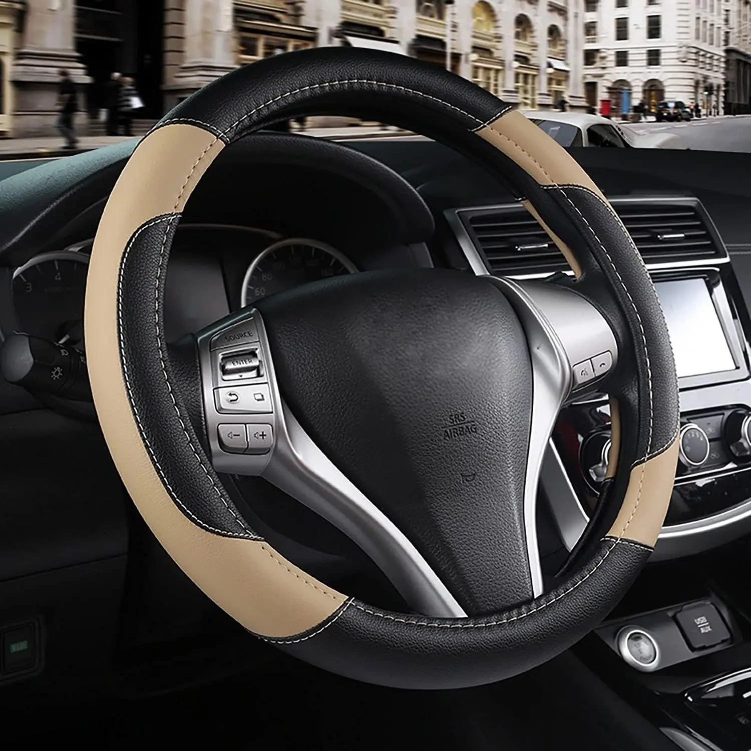 

Universal Non-Slip Leather Steering Wheel Cover, Breathable Microfiber Fit for Most Cars in Beige