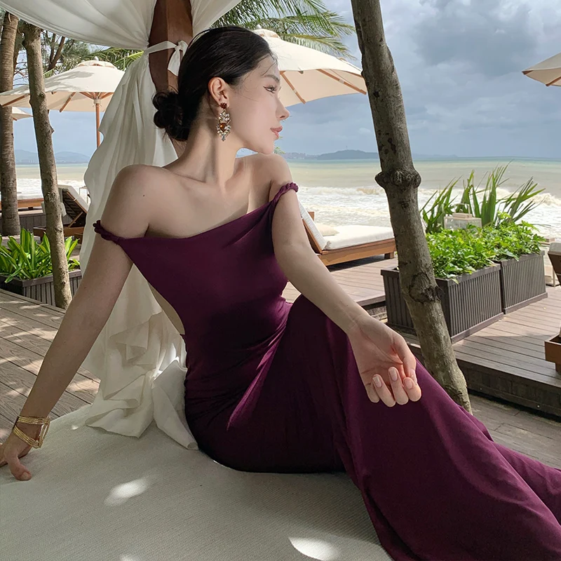 

Летнее французское фиолетовое сексуальное платье для отпуска, женское облегающее длинное платье с открытой спиной на тонких бретелях, повседневная пляжная одежда для отдыха