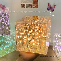 DIY 3D Cloud Tulip LED Night Light Flower Sea Mirror Table Lamps Cube Mirror Atmosphere Night Light Bedroom Decor Table Lamp